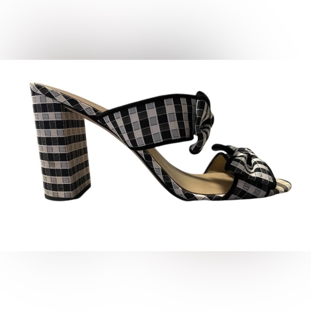 ANN TAYLOR Black & White JANIE Gingham Bow Slip On 3" Stack Heel Sandals Size 7 - Picture 7 of 8